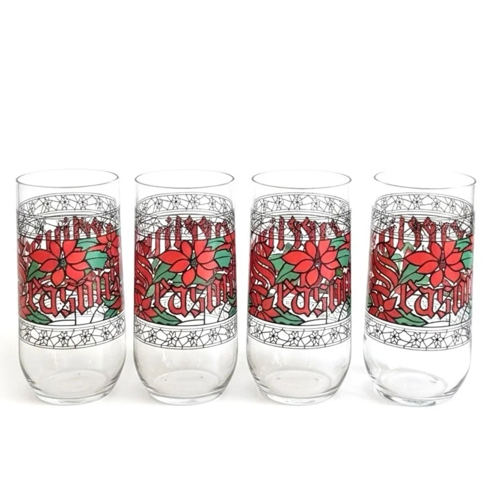 Vintage Houze Glass Season's Greetings Poinsettia Stained Glass 16oz Tumblers 4